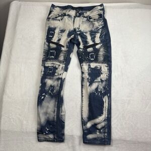 Bleeker & Mercer Tapered Fit Tie Dye Distressed Blue Jeans Men's 34" Waist x 32"